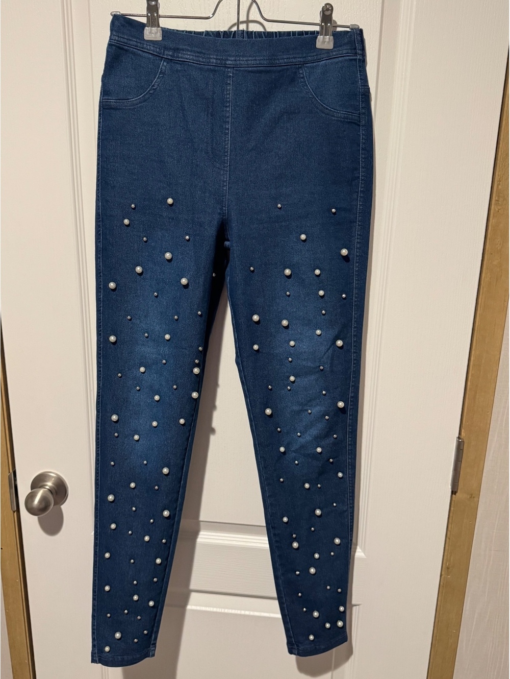 Calzedonia Medium Wash Blue Denim Leggings with Pearl Embellishments